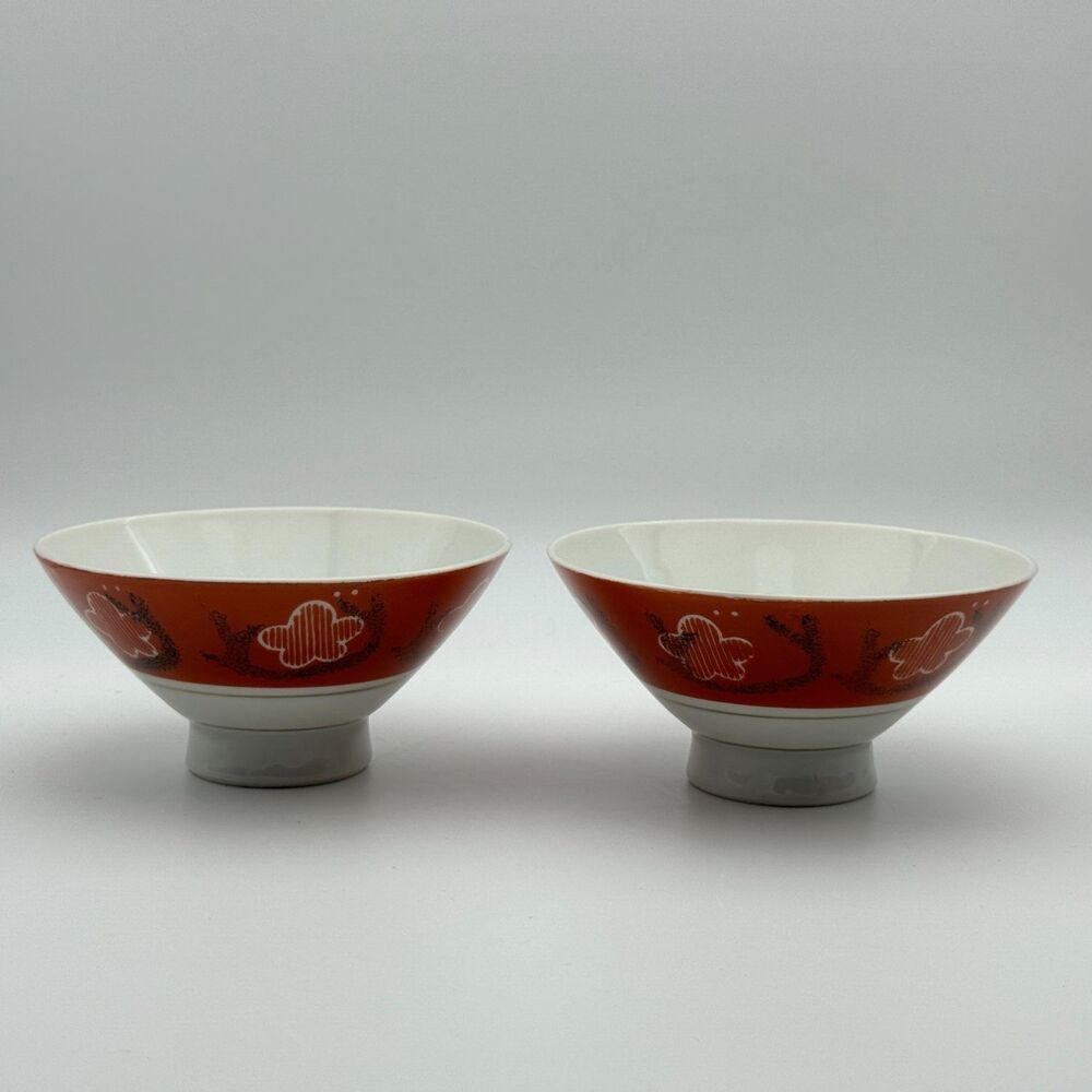 Vintage Set of 2 Asian Ceramic Rice Bowls Red White Plum Blossom Floral Footed